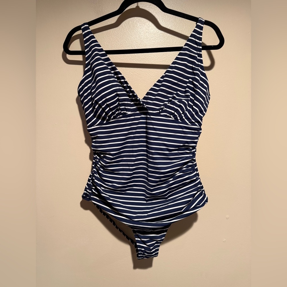 Garnet Hill Navy & White Striped V‑Neck One‑Piece Swimsuit
